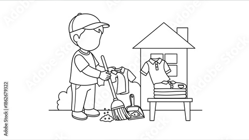 Boy sweeping leaves and folding clothes, cartoon illustration