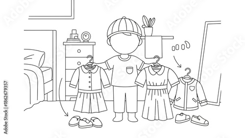 Child Choosing Outfit: Dresses, Jacket, Shoes, Bedroom Scene - Line Art