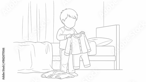 Child holding pajamas by bed, getting ready for sleep, line art illustration