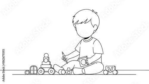 Child playing with toys, drawing and building blocks, creativity and childhood fun
