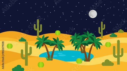 Desert oasis under a starry night sky with full moon and palm trees.