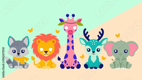 Colorful cartoon animals standing together in a row.
