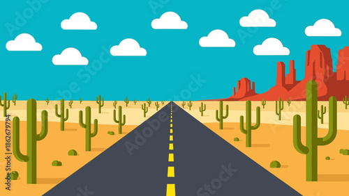Desert landscape with a straight road and cacti under a blue sky.