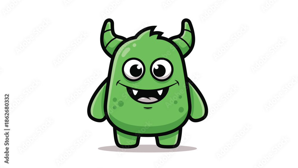 Obraz premium Cartoon Green Monster with Horns and a Cheerful Expression.