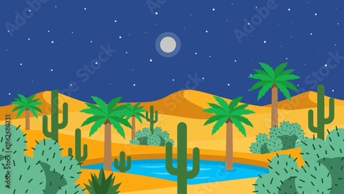 Desert landscape with palm trees and cacti under a starry night sky.