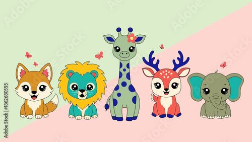 Adorable cartoon animals in a row on pastel background.