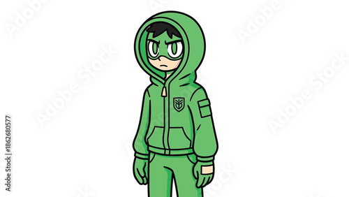 Cartoon character in green hoodie with determined expression.