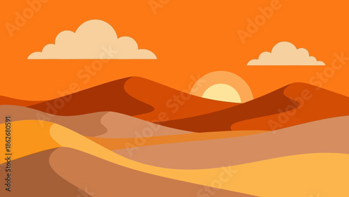 Desert landscape with sand dunes and orange sky at sunset.