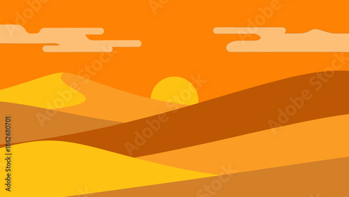Vibrant desert landscape with warm sunset colors and rolling sand dunes.