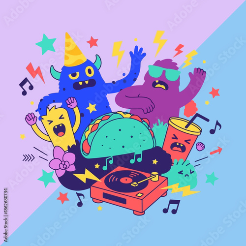 Colorful cartoon characters celebrating with music and food.