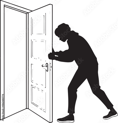 Person silhouette opening or closing a door with extreme effort illustration