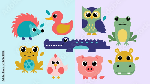 Colorful cartoon animals set on pastel background.