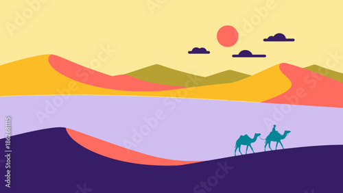 Two camels walking in a desert landscape at sunset with colorful hills.