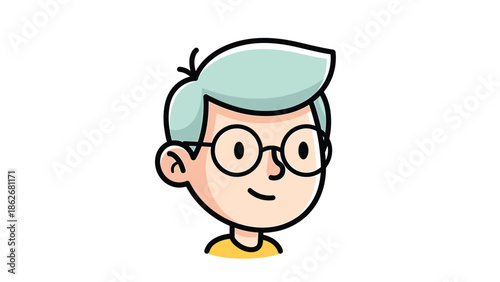 Cartoon illustration of a boy with glasses and light green hair.
