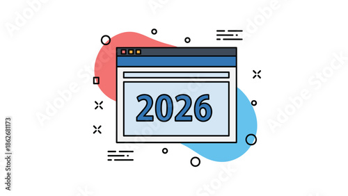 A colorful illustration of a web browser window showing the year 2026, against an abstract background with geometric shapes.