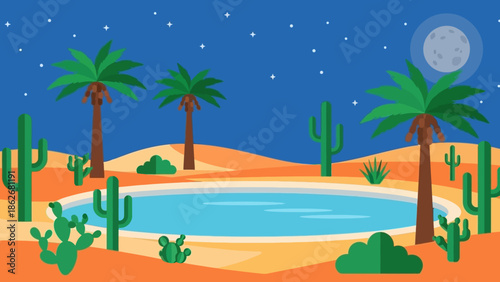Desert oasis with palm trees and cacti under a starry night sky.