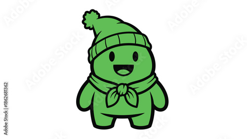 Cute green cartoon character wearing a winter hat and scarf.