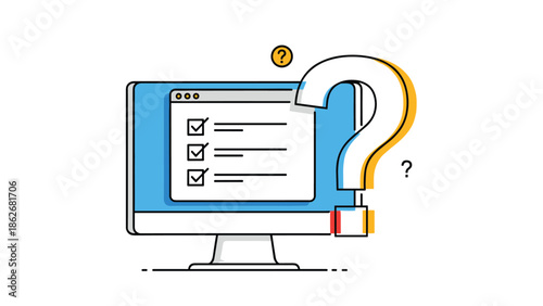 Online quiz or survey concept with a checklist on a computer screen and a large question mark, symbolizing a questionnaire.