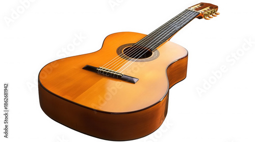 Beautifully crafted wooden classical nylon string acoustic guitar featuring a glossy finish and intricate rosette detail on transparent background
