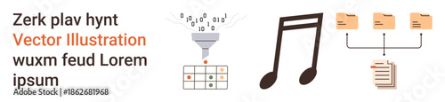 Data management, music creation, file organization, workflow automation, technology streams, digital interface. Funnel and binary code, musical note connected folders. Data management and music