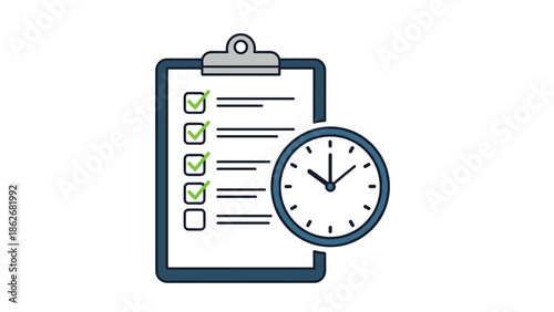 A clipboard with a completed checklist next to a clock, illustrating time management, productivity, and meeting deadlines.