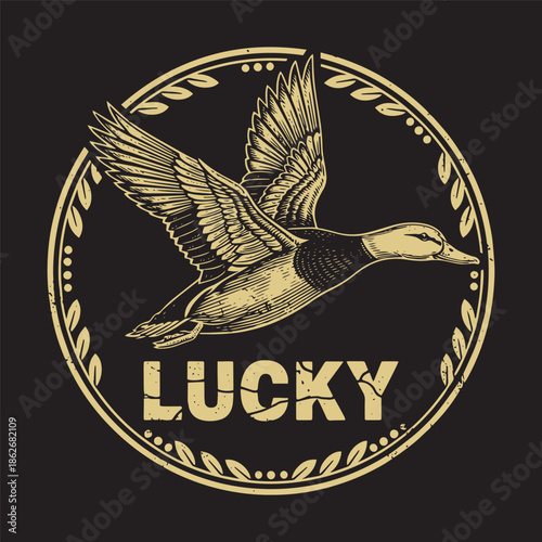 Vintage golden flying duck mallard emblem with Lucky text on black background vector illustration.