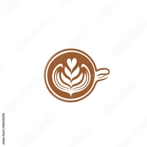 Latte art coffee cup illustration with heart and leaf design.