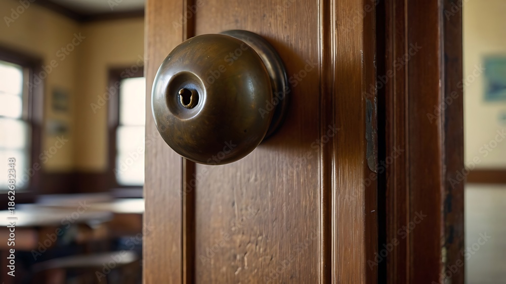 Obraz premium Detailed View Antique Doorknob Classroom Door