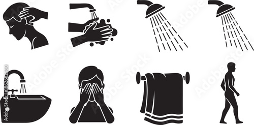 Hygiene and self-care routine icons: washing hands, showering, and daily personal cleanliness activities