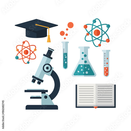 School science icons microscope, graduation cap, atoms, beakers, and book representing education, research, and knowledge acquisition for learners