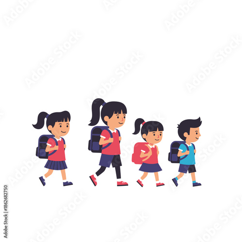 Diverse group of cheerful elementary school students walking together, carrying their backpacks, ready for a new day of learning and friendship at school, depicting the joy of educational journeys
