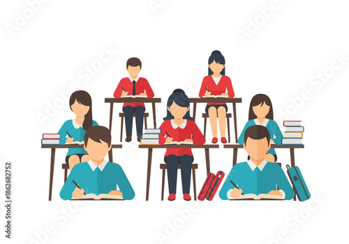 Vibrant illustration of focused students diligently engaged in academic work, reading and writing at desks in a bright school classroom, symbolizing learning and growth