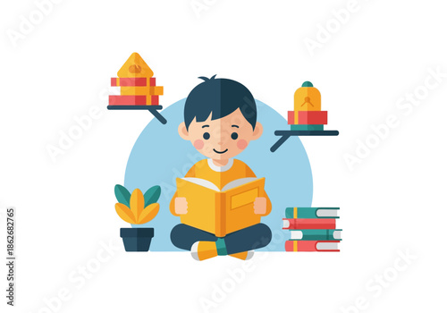 Illustration of an eager young learner enjoying a captivating book, highlighting the importance of reading and intellectual curiosity in a school context