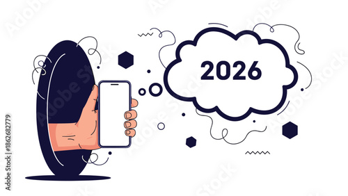 A hand emerging from a portal holding a smartphone, with a thought bubble showing 2026, illustrating future mobile technology.