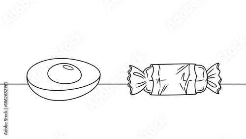 Half avocado and wrapped candy on a white background, line art style