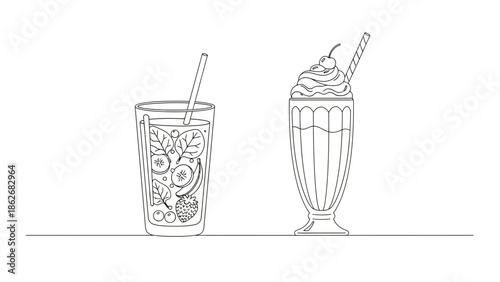 Hand-drawn fruit smoothie and milkshake with cherry on top, isolated on white