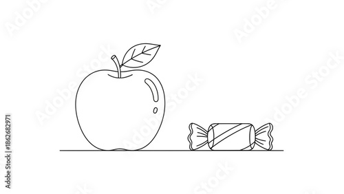 Healthy Apple vs Sugary Candy - Choice Concept, Diet vs Junk Food, Line Art