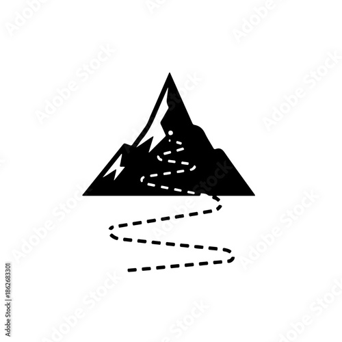 black and white icon showing a dashed winding trail leading to a mountain summit. Represents the journey, persistence, and outdoor exploration. Perfect for hiking guides, adventure maps