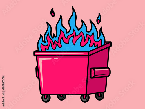 Pink dumpster on fire vector illustration, a bright magenta trash bin engulfed in blue and pink flames against a solid pastel pink background