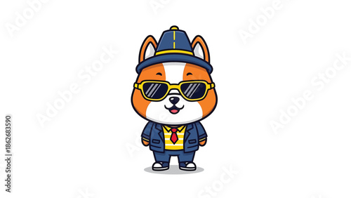 Cartoon Corgi Dog Character in Suit and Sunglasses.