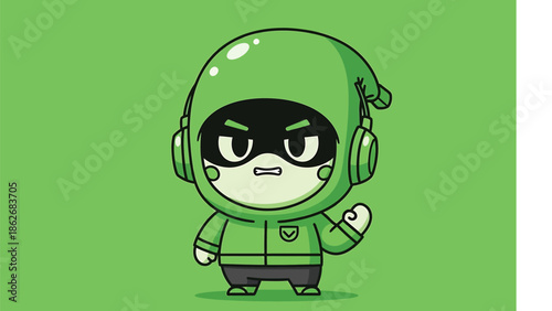 Determined Green Hooded Character with Headphones and Raised Fist.