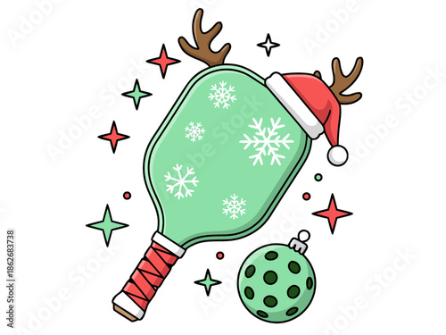 Festive Christmas Pickleball Paddle and Ball Vector Illustration for Holiday Sports Fun
