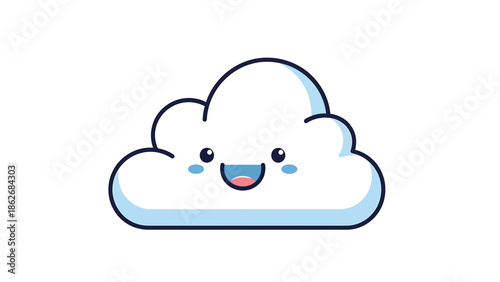 Cute Cloud Character with Smiling Face and Blue Outline.