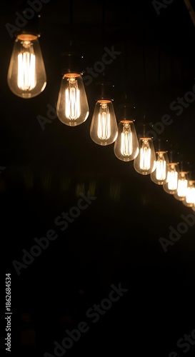 Series of glowing incandescent bulbs hang diagonally against a deep black background