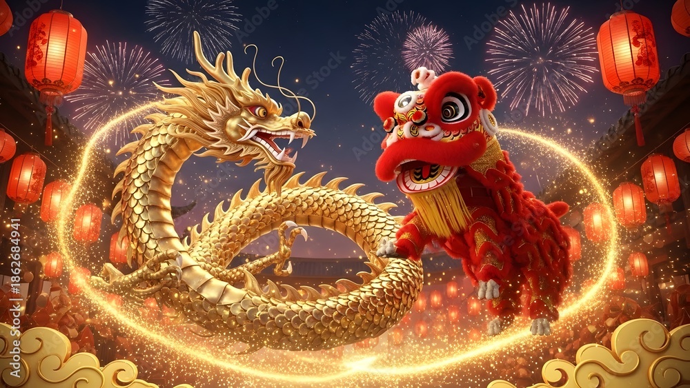 Obraz premium A breathtaking 3D render illustration of a majestic golden dragon and a traditional red lion dance performing together during the Lunar New Year celebration. The scene is filled with glowing red lante