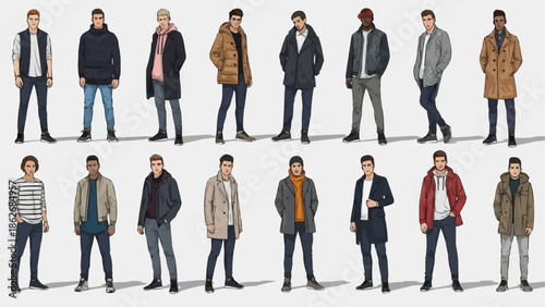Diverse Mens Winter Fashion - A Stylish Collection of Coats and Jackets.