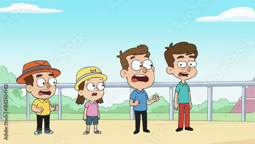 Animated characters expressing surprise in a cartoon setting.