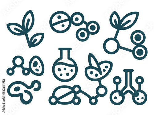Assortment of simple line art icons depicting plant biology and laboratory.