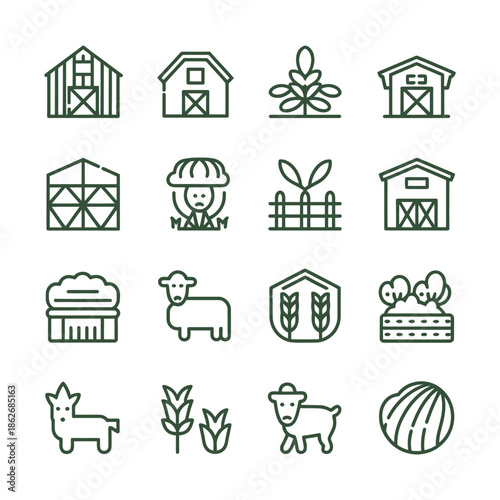 Set of green outline icons represents various elements of rural farming.