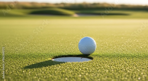 White sphere rests near the edge of a circular hole on a manicured putting surface.